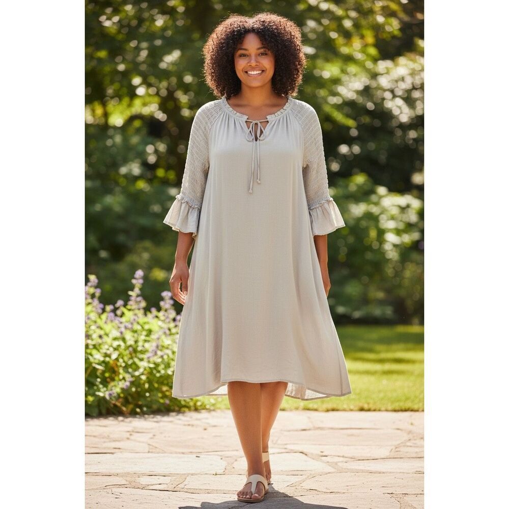Kervology Ivory Ruffle Sleeve Raw Hem Boho Swing Dress A-Line Women Size 4XL